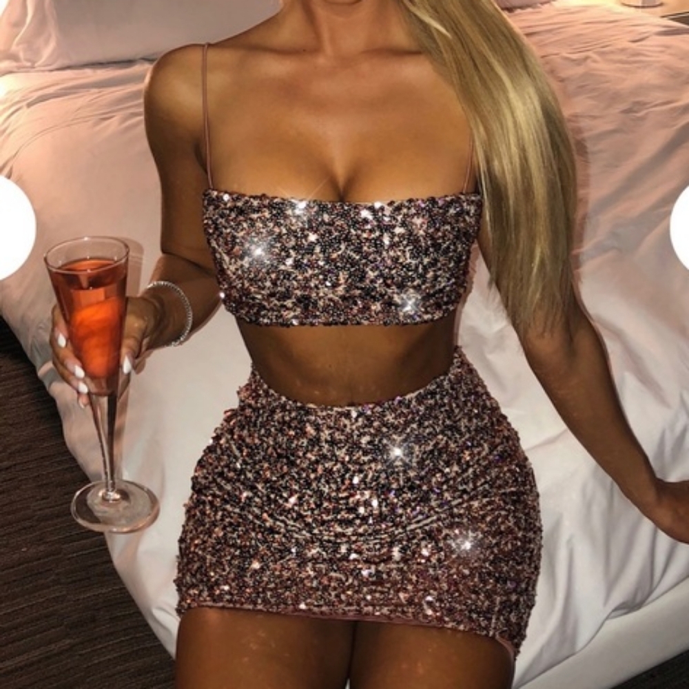 NEW GOLD SEQUIN MINI SKIRT CROP TOP SET BABYBOO FASHION XS CLUB SEXY